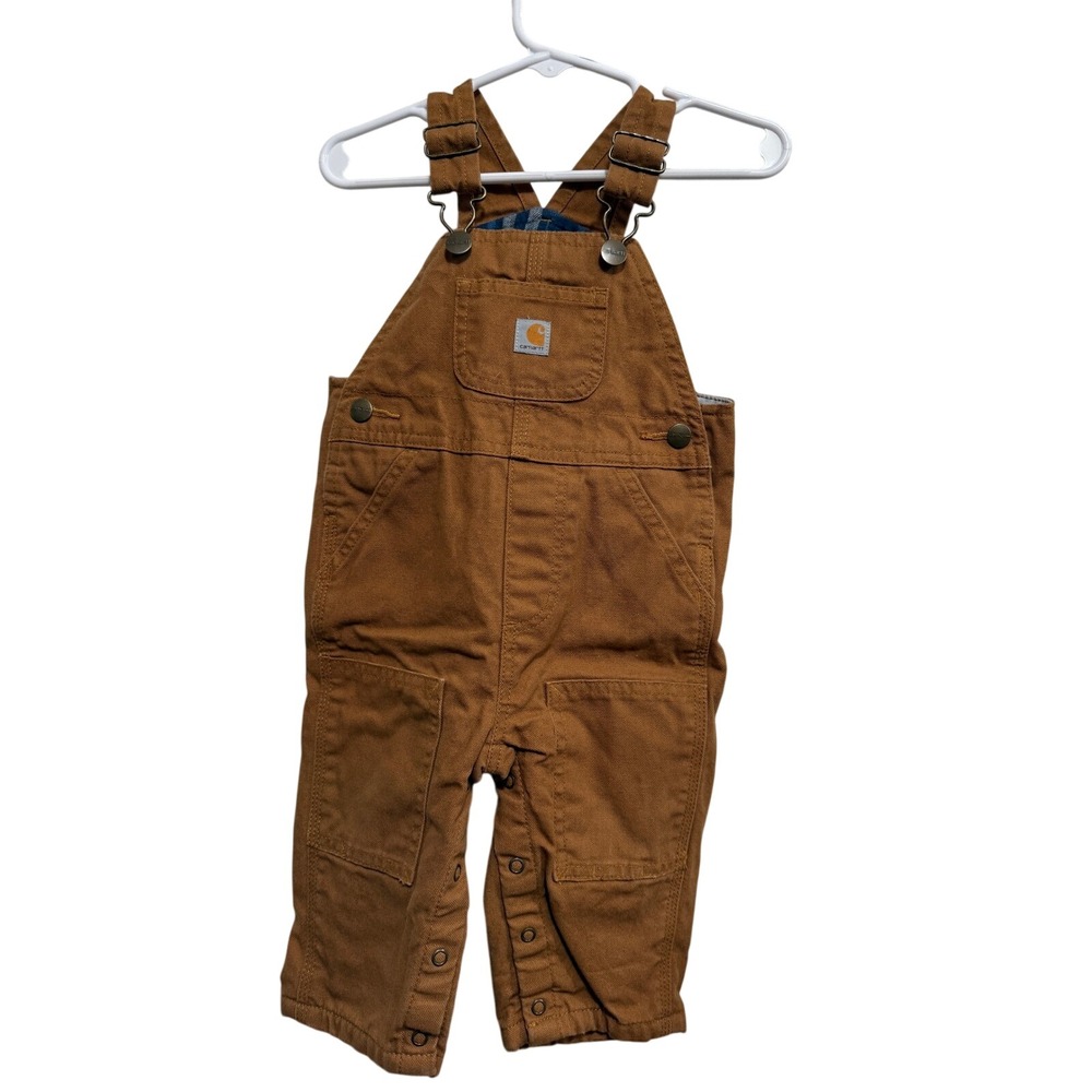 Carhartt Baby Brown Canvas Flannel Lined Bib Overalls 9M Double Knee Snap Crotch